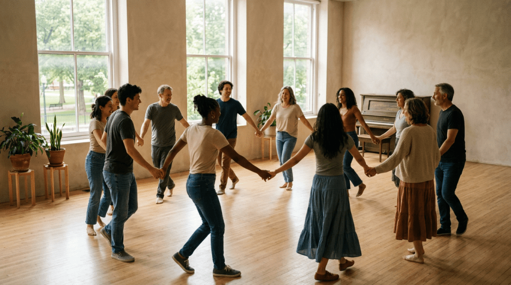 Diverse group standing in a circle holding hands in a spacious room