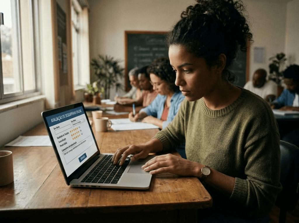Young adults sitting at a table writing on application forms